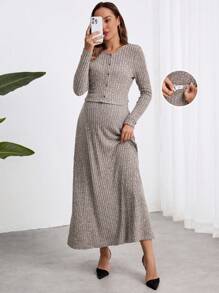SHEIN Marled gebreide zwangerschapsjas en rok 2-delige set, voor leraren, herfst