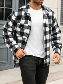 Manfinity Homme Áo khoác kẻ caro đơn giản, tay dài cài nút phía trước, dáng rộng cho nam cỡ lớn - Đen và trắng - Xem 1