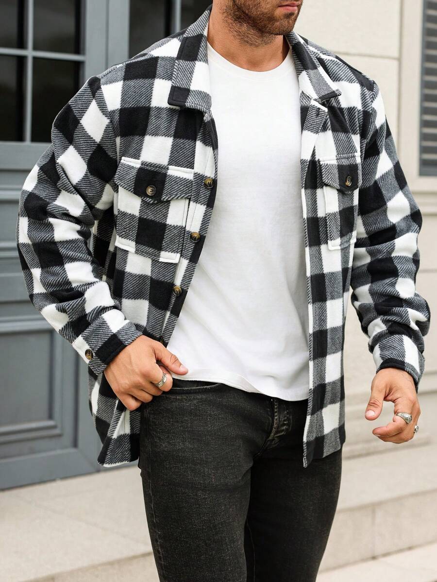 Manfinity Homme Áo khoác kẻ caro đơn giản, tay dài cài nút phía trước, dáng rộng cho nam cỡ lớn - Đen và trắng - Xem 1