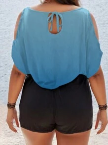 SHEIN LUNE 大码露肩蝙蝠袖 T 恤 - 藍色 - 查看 2