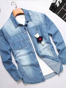 Manfinity Homme Men's Casual Washed Denim Shirt, Spring & Autumn - Blue - View 1