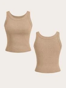 SHEIN Essnce 2pcs Women Seamless Ribbed Camisole Tops, Thick Adjustable Strap Sleeveless Cami Top Undershirt - Multicolor - View 3