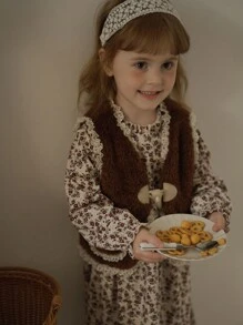 SHEIN 2pcs Girls Monochrome Striped Bow-Knot Print Blouse With Ruffle Trim And Wide Leg Pants Set, Suitable For Vacation, Outing, Casual Gathering, Summer And Spring - Grey - View 4