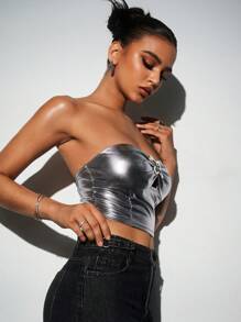 Aloruh Damen Sexy Chic YTK Mode Club Wear Ausgehobenen engen glänzenden PU Kurz-Camisole Top Ausgehtops Halloween Tops Partytops - Silber - Übersicht 6