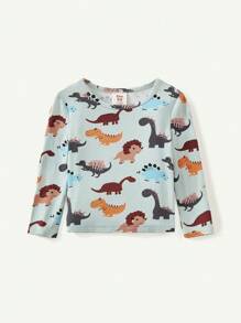 Cozy Pixies 2 piezas Pijama de niño pequeño con parte superior de manga larga y cuello redondo con estampado de dinosaurio de dibujos animados y pantalón largo - Verde - Ver 10
