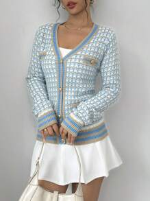 Selianne Áo len cardigan dài tay thường ngày màu tương phản dành cho nữ, áo dài tay - Màu xanh lam - Xem 2