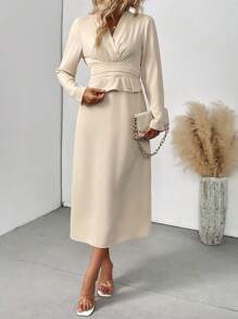 Chiquease Robe décontracté à manches longues et col en V simple de couleur unie pour femme - Nude - Voir 3