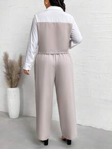 Calvaya 2pcs/Set Plus Size Women Daily Wear Color Block Long Sleeve Top And Solid Color Pants - Apricot - View 2