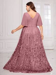 Đầm dạ hội UNITHORSE cỡ lớn cổ chữ V [cắt ngẫu nhiên] tay bồng, xếp ly ngực, lưới thêu lá, đính sequin, phối màu tương phản, thanh lịch cho tiệc gala, đám cưới, lễ tốt nghiệp, tiệc sinh nhật, dạ hội mùa xuân. - Màu đỏ tím - Xem 2