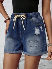 SHEIN LUNE Front Lace-Up Multi-Pocket Ripped Denim Shorts, Casual Everyday Wear - Blue - View 6