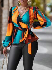 SHEIN Unity Blusa elegante con mangas farol y escote en V de bloques de color (estampado aleatorio), Top con peplum para primavera y verano