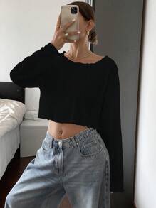 Livesso 女士纯色黑色长袖短款上衣，春秋季外出