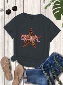 SHEIN EZwear Women's Red Leopard Star Print Y2K T-Shirt, Summer Graphic Tee - Dark Grey - View 2
