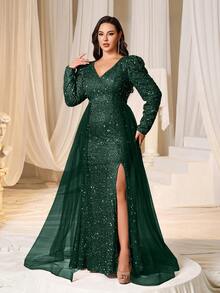Faeriesty Plus Size Gigot Sleeve Mesh Patchwork High Slit Sequin Maxi Evening Dress - Dark Green - View 6