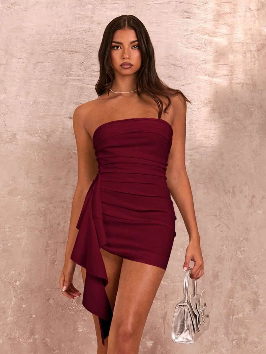 SHEIN BAE Summer Sleeveless Strapless Sexy Ruched High Slit Ruffle Wrap Dress For Women - Burgundy - View 1
