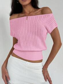 Aloruh Áo thun bó sát dệt kim hở vai thanh lịch dành cho nữ, màu trắng - Màu Hồng baby - Xem 6