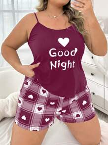 Plus Size Women's Heart Plaid Print Camisole And Shorts Pajama Set