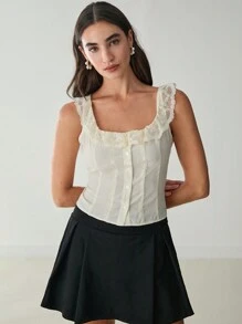 Enchnt Women's Solid Color Simplistic Everyday Lace Patchwork Tank Top