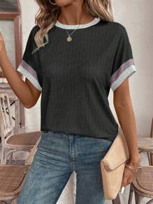 SHEIN LUNE Áo thun cổ tròn tay ngắn màu đơn giản - màu đen - Xem 5