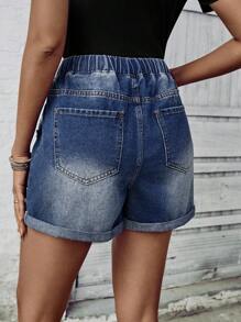 SHEIN LUNE Front Lace-Up Multi-Pocket Ripped Denim Shorts, Casual Everyday Wear - Blue - View 2