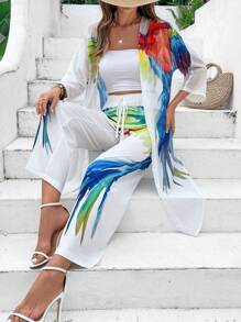 EMERY ROSE Women Fashion Jacket And Pants Suit + Colorful Printed Pattern - White - View 3