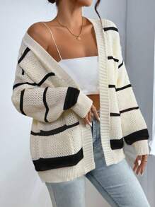 SHEIN Unity Cardigan de tricô minimalista com listras coloridas para mulheres - Preto e Branco - Visão 7