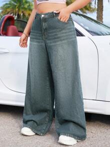 SHEIN ICON Pantalones anchos de pierna ancha de estilo callejero sexy informal de las mujeres de talla grande, pantalones vaqueros anchos y holgados de mezclilla azul para mujeres - Azul lavado oscuro - Ver 4