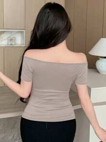 DAZY Women's Solid Color Sweetheart Neck Raglan Sleeve Short Sleeve T-Shirt, Summer - Khaki - View 2