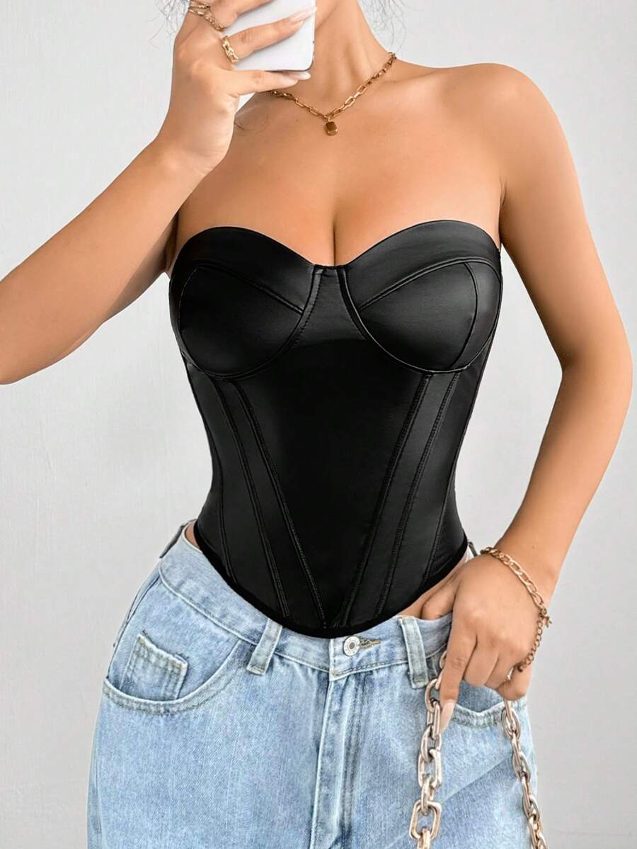 SHEIN SXY Top corset ajustado y delgado de PU negro estilo club nocturno sexy para fiestas - Negro - Ver 1