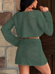 RueChic Hollow Out Cover Up Set, For Summer Beach Vacation - Green - View 2