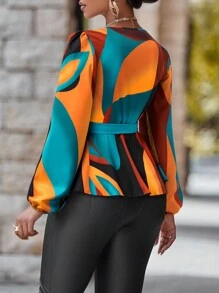SHEIN Unity Blusa elegante con mangas farol y escote en V de bloques de color (estampado aleatorio), Top con peplum para primavera y verano