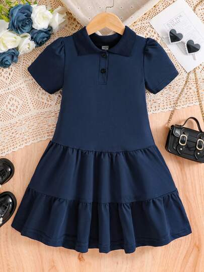 女童海军蓝纯色简约时尚长袖连衣裙