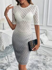 Chiquease Frauen Farbverlauf Cut Out Kurzarm Strickkleid - Grau - Übersicht 5