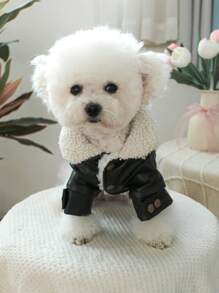 PETSIN 1 pieza Chaqueta de piel sintética negra con forro polar y bordado para mascotas, amistosa con correa, otoño/invierno - Negro - Ver 6