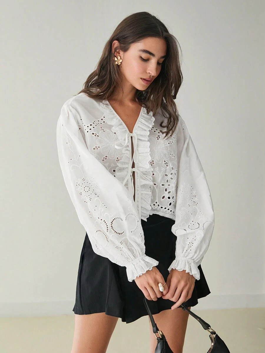 Enchnt Spring/Summer Romantic  French White Embroidered Ruffled Hem Lace-Up Autumn Long-Sleeved Blouse&Top, Sweet&Elegant For Wedding&Holiday &Sweet Date&Daily&Vacation&Bohemian - White - View 1
