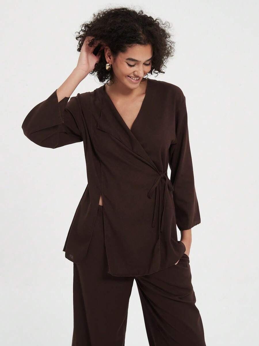 2pcs Women's Vintage Resort Loose Tie V-Neck Jacket And Casual Pants Set