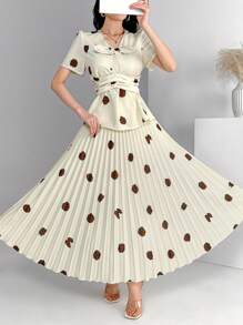 Modelyn 2pcs Women Summer Elegant Random Print Short Sleeve Top & Pleated Skirt Set