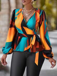 SHEIN Unity Blusa elegante con mangas farol y escote en V de bloques de color (estampado aleatorio), Top con peplum para primavera y verano