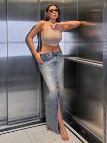 RueChic 100%纯棉硬质低腰染色长款牛仔裙 - 中等水洗藍 - 查看 6