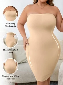 1 件大码女式纯色抹胸塑身连衣裙 - 杏色 - 查看 4