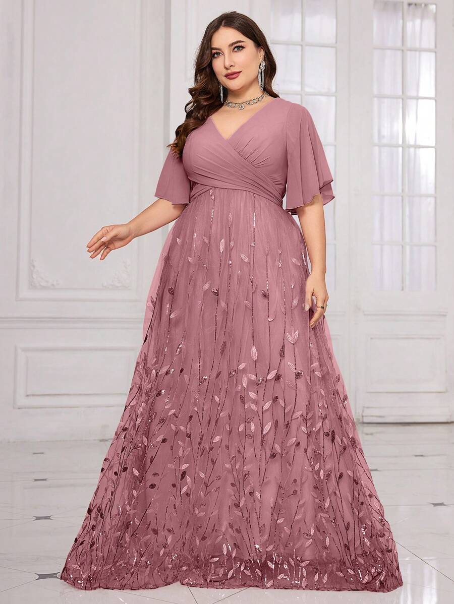 Đầm dạ hội UNITHORSE cỡ lớn cổ chữ V [cắt ngẫu nhiên] tay bồng, xếp ly ngực, lưới thêu lá, đính sequin, phối màu tương phản, thanh lịch cho tiệc gala, đám cưới, lễ tốt nghiệp, tiệc sinh nhật, dạ hội mùa xuân. - Màu đỏ tím - Xem 1