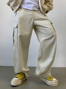 DAZY Men's Solid Color Cargo Straight Loose Pants, For Fall Men Joggers - Beige - View 7