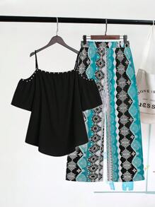 SHEIN Clasi Conjunto de 2 piezas de blusa de manga corta con hombros abiertos y pantalones de pierna ancha con estampado floral para mujeres de talla grande de verano