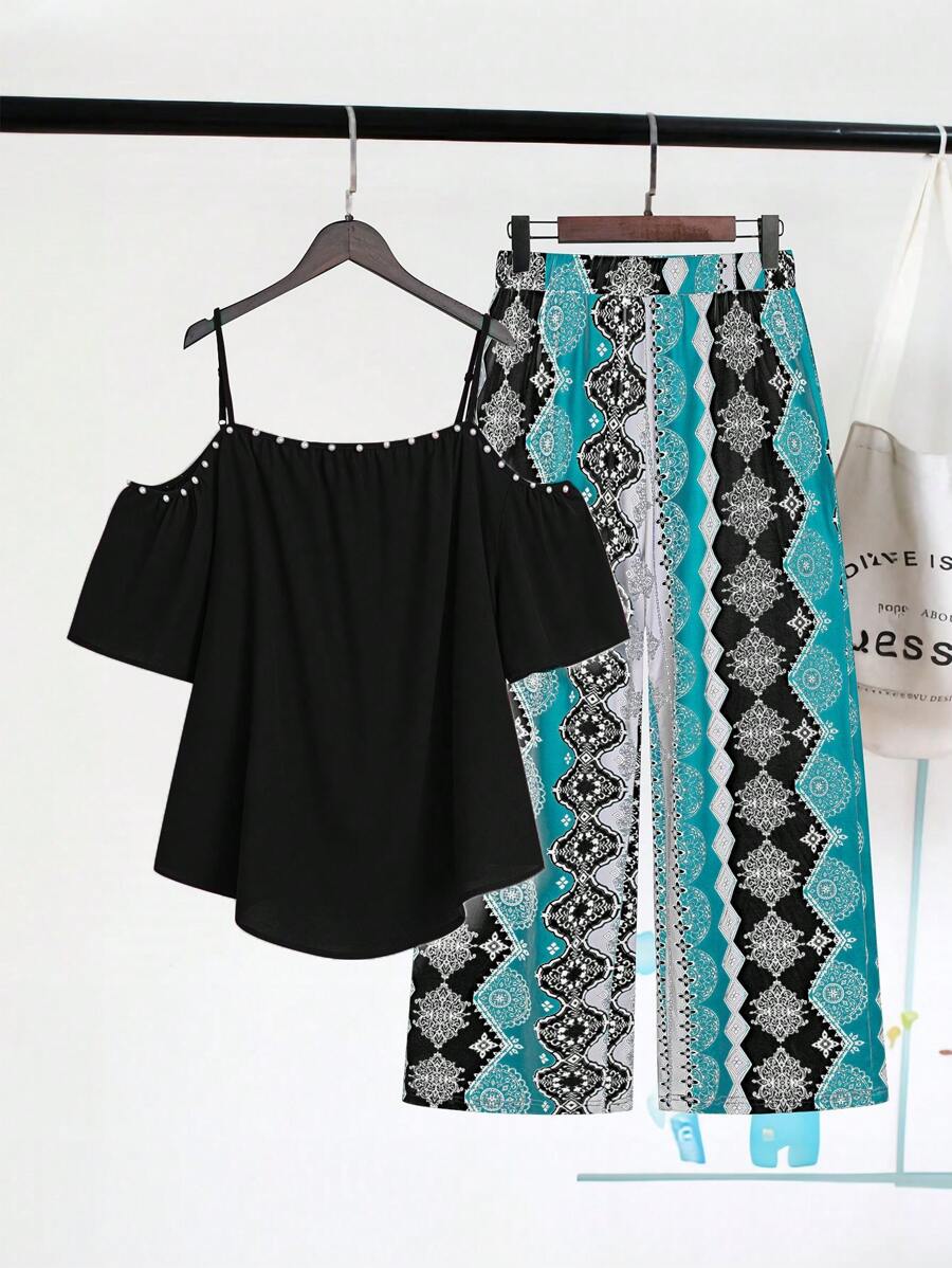 SHEIN Clasi 大码女式夏季露肩短袖上衣和花卉印花阔腿裤两件套 - 黑色 - 查看 1