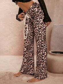 Opulessa Leopard Print Tie Front Flare Leg Pants For Vacation,Tall Women Pants,Fall Pants,VCAY - Brown - View 4