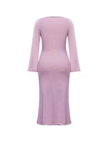 INAWLY Women Solid Color Round Neck Raglan Sleeve Ankle Length Elegant Sweater Dress For Spring & Autumn - Mauve Purple - View 2