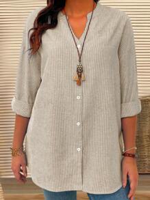 EMERY ROSE Camisa a rayas de manga larga con cuello en V y botones delanteros para tallas grandes