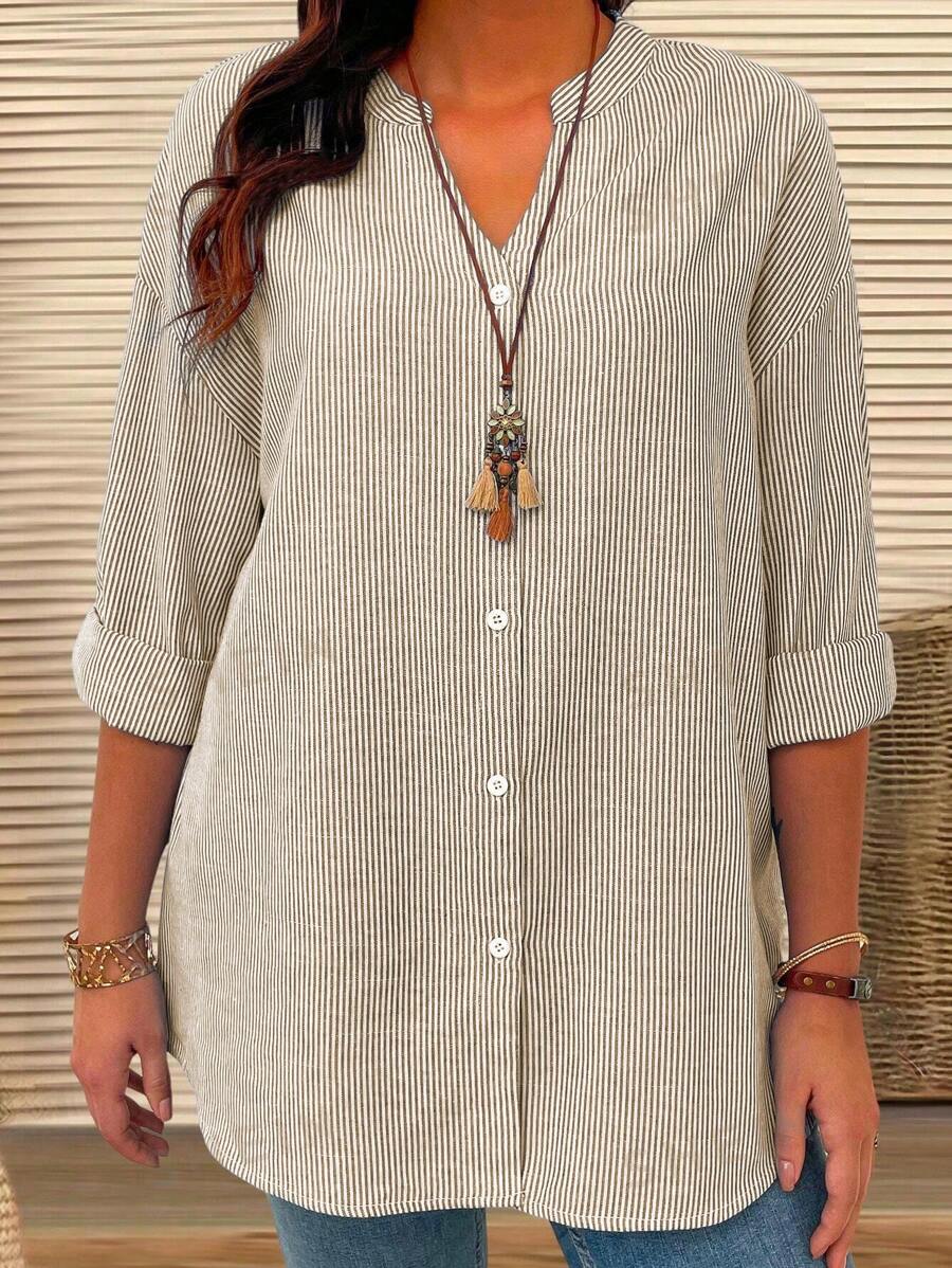 EMERY ROSE Camisa a rayas de manga larga con cuello en V y botones delanteros para tallas grandes