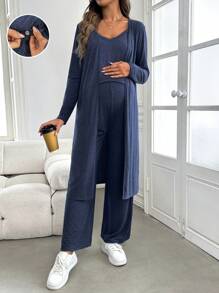 SHEIN 2 件套孕妇纯色吊带背心长袖上衣，秋冬季 - 藏蓝色 - 查看 1