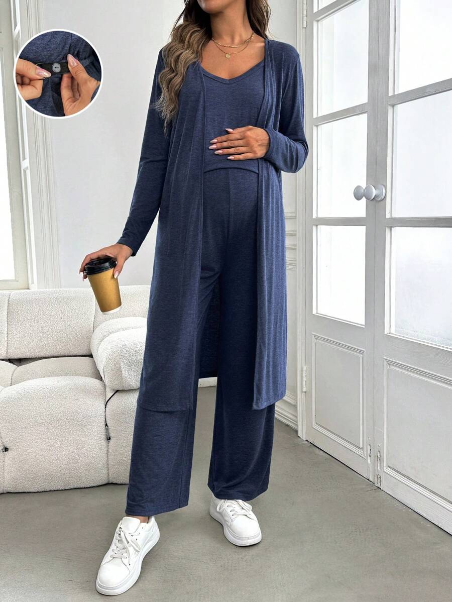 SHEIN 2 件套孕妇纯色吊带背心长袖上衣，秋冬季 - 藏蓝色 - 查看 1